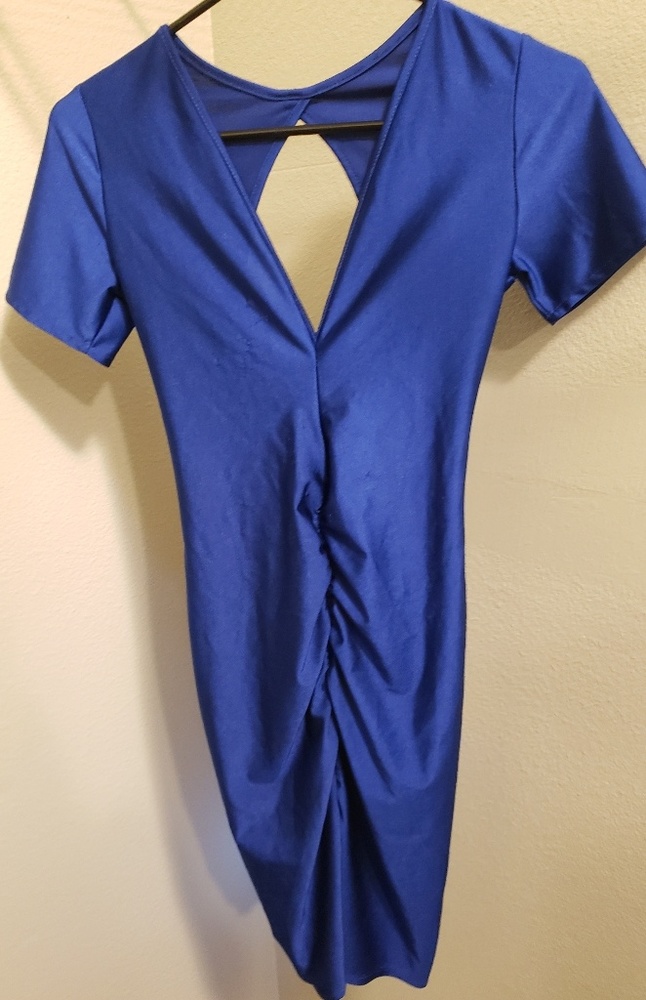 Blue v cut open back dress